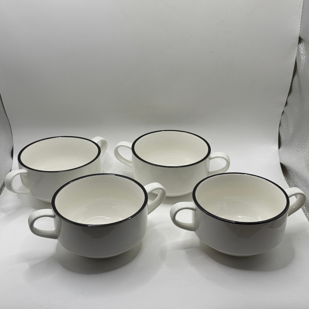 Unbranded Set of 4 White Ceramic Double Handle Soup Bowls Black Rim Modern